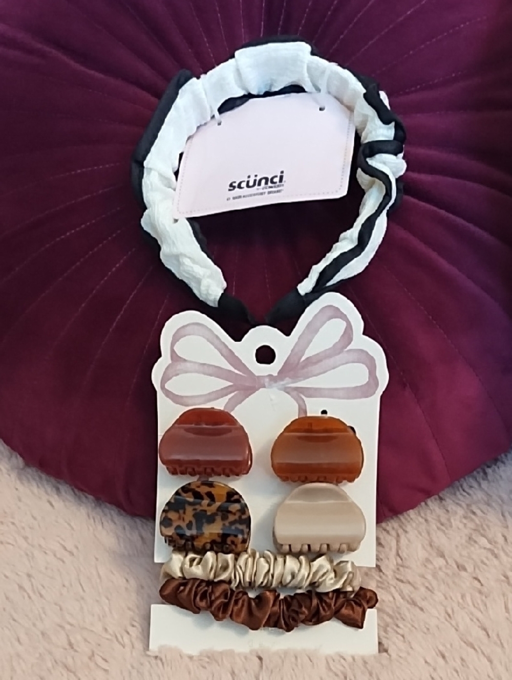 Brown & Cream Hair Clip and Scrunchie Set with Headband